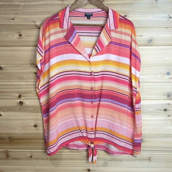 Torrid Women's Top 2X Multicolor Stripes Button Front Short Sleeve Blouse Pink - Picture 1 of 10
